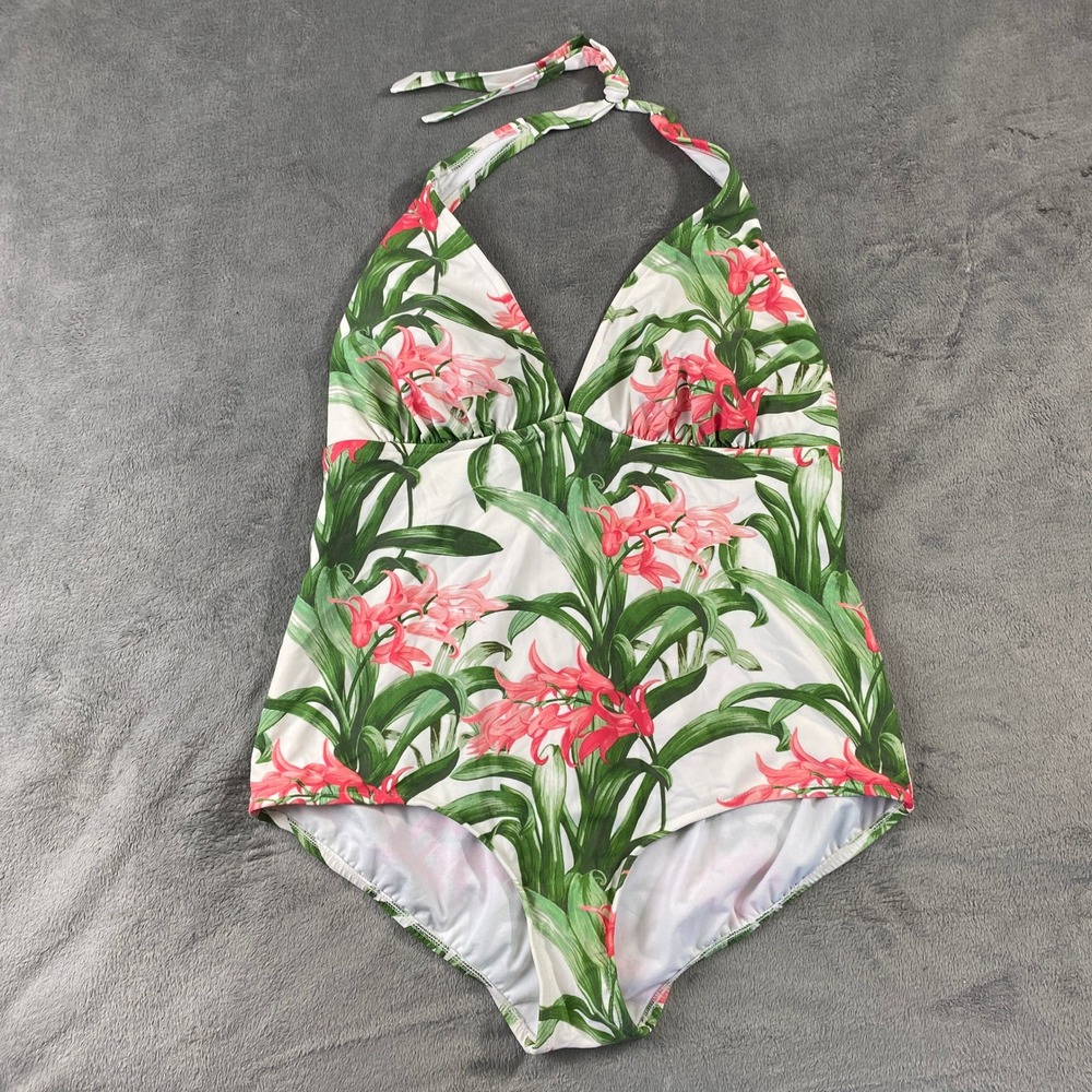 Catalina One Piece‎ Swimsuit Womens 3X White Pink Lily Floral Halter CA19006X